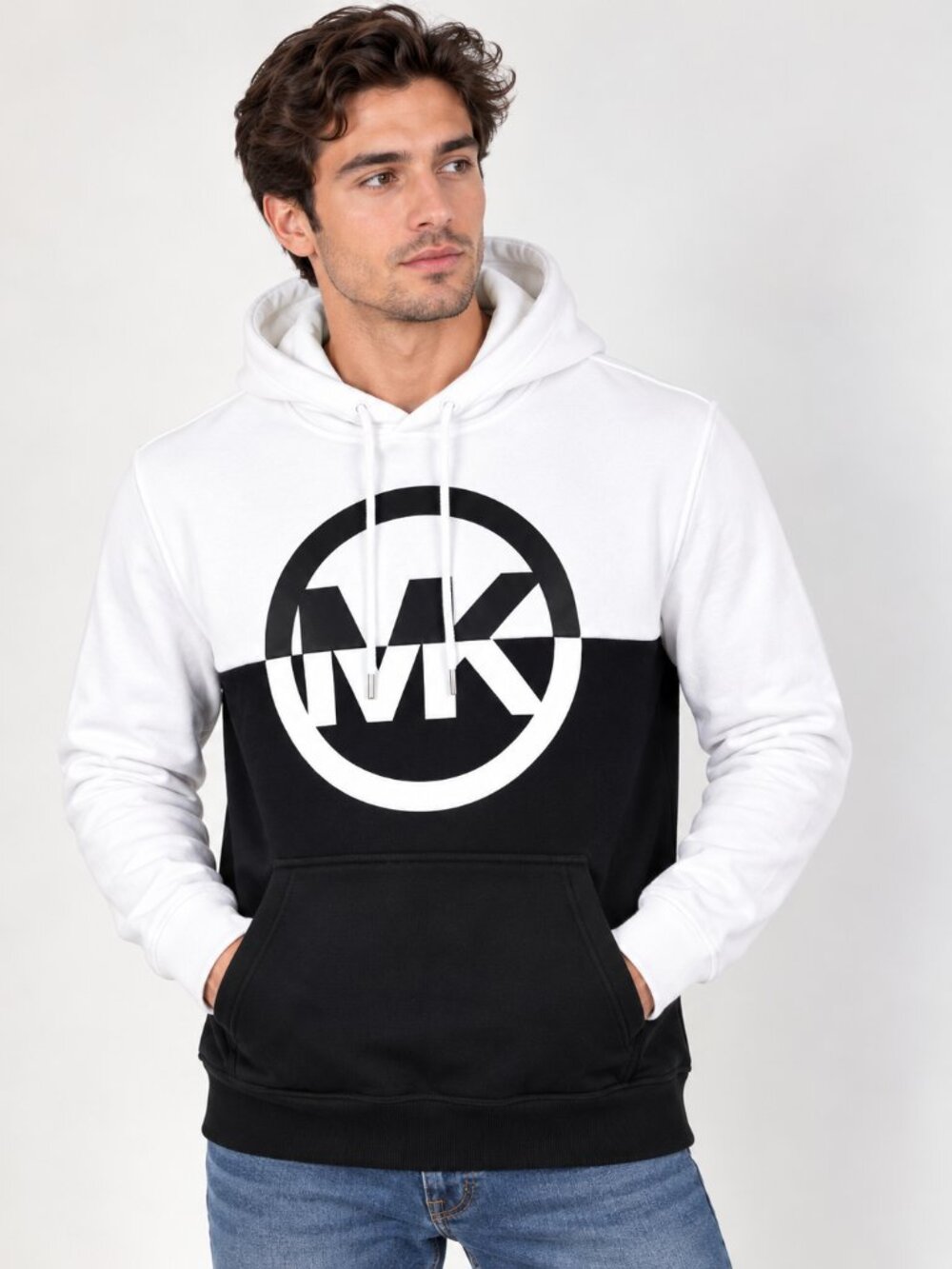 Michael Kors Men’s M Black White Colorblock Logo Pullover Hoodie NWT